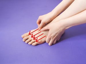 脚の甲の骨の間4箇所を親指の腹で脚指へ向かって軽く摩擦します