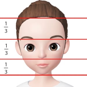 顔の縦幅を見ると、生え際から眉下、眉下から鼻先、鼻先からあご先の幅が均等になっていることが理想的です