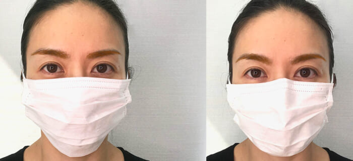 左図は直線的な眉、右図はアーチ型を意識して描いた眉です。マスクのつけ方と眉の描き方の相乗効果で、右図の方が全体的に温かみや立体感のある顔に仕上がります